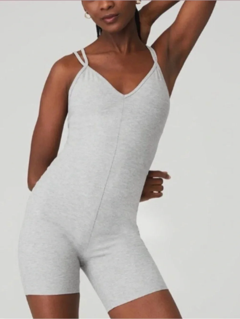 ALO Yoga Light Grey Ribbed Double-Strap Romper Bodysuit